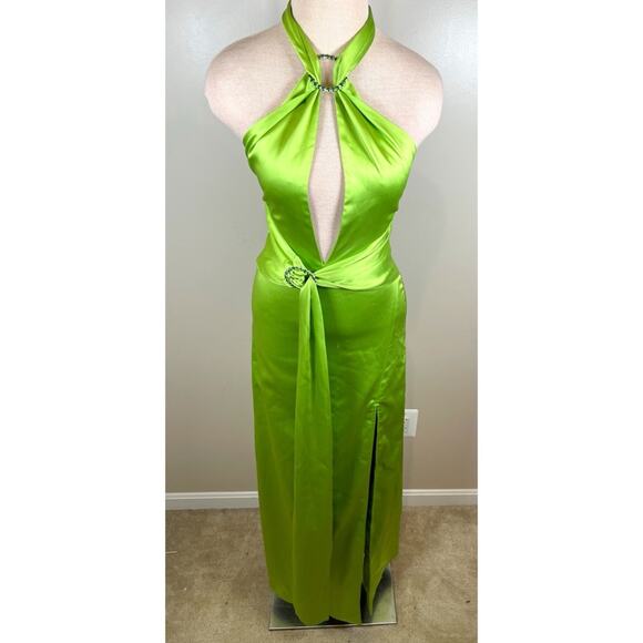 Khanums Kenisei Crystal Embellished Halter Green Limeade Maxi Gown Size Medium - Picture 3 of 12